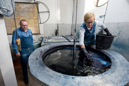 Maria and Karl Wagner are traditional Blaudruck (indigo dyeing) textile artists - they are shown here in their workshop in Bad Leonfelden, Upper Austria (photo © Rudolf Abraham).