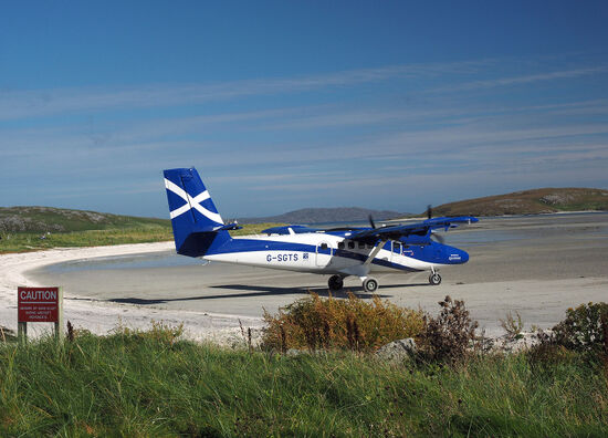 The island of Barra in Scotland's Outer Hebrides relies on a lifeline air link with Glasgow. Loganair's Twin Otter aircraft land on the beach at Barra (photo © hidden europe).