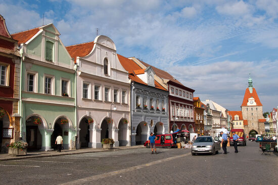 The oblong plaza that lies at the heart of Domazlice is typical of towns large and small across Bohemia (photo © hidden europe).