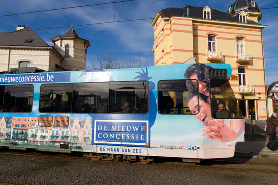 Coastal tram at De Haan in Belgium, about halfway along its seventy kilometre route (photo © hidden europe).